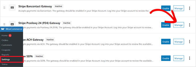 Hacer clic en Administrar para los pagos de Stripe Przelewy24 en WooCommerce