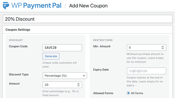 Creating discount coupons using WP Payment Pal for WordPress 