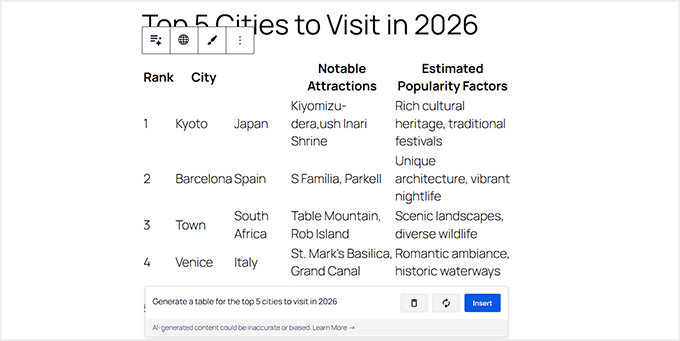 AIOSEO'da yapay zeka ile bir tablo oluşturun