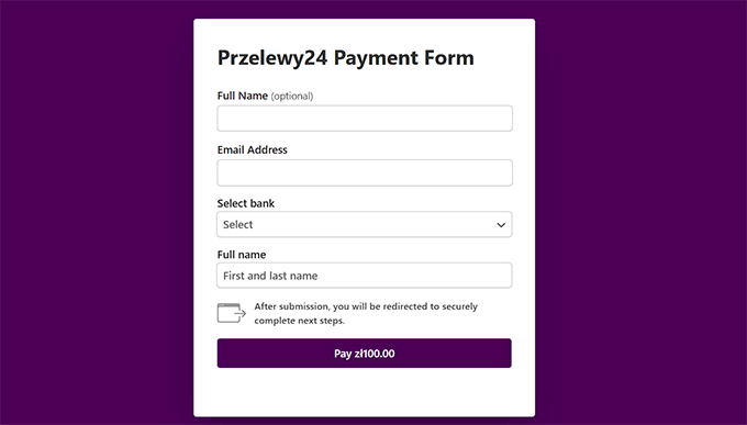 Vista previa de la página de pago Przelewy24 en WP Simple Pay