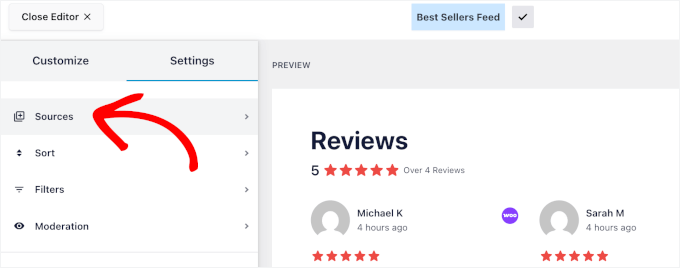 Navigating to Sources settings