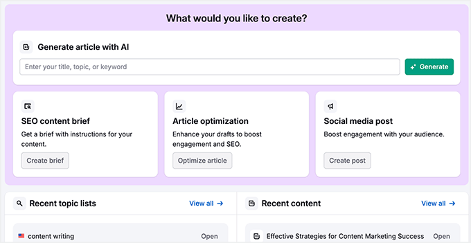 Semrush Yapay Zeka Makale Oluşturucu paneli