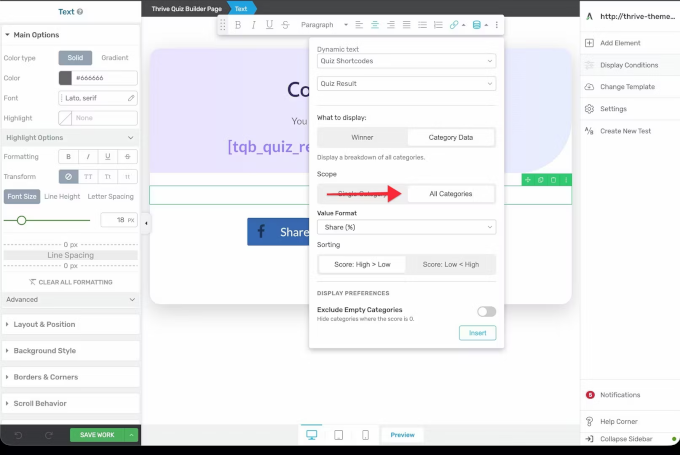 Anpassning av Thrive Quiz resultat-sida
