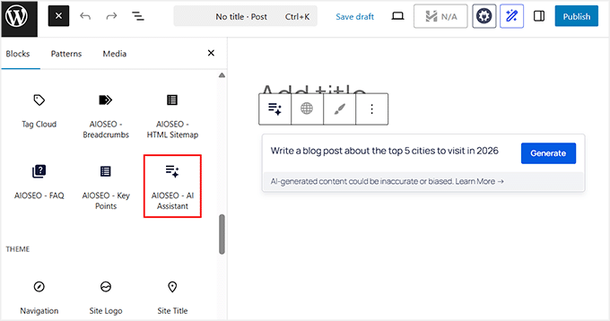 AIOSEO'da Yapay Zeka Asistanı bloğunu kullanın
