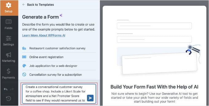 WPForms'ta Yapay Zeka ile Form Oluşturma