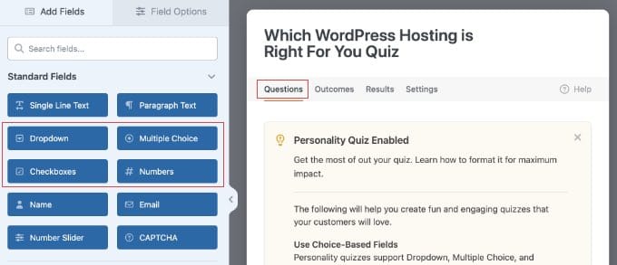 Usando a Aba Perguntas no WPForms para Adicionar Campos de Quiz Usando a Aba Perguntas no WPForms para Adicionar Campos de Quiz