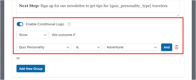 Aktivera villkorsstyrd logik för ett personlighetsresultat Aktivera villkorsstyrd logik för ett personlighetsresultat