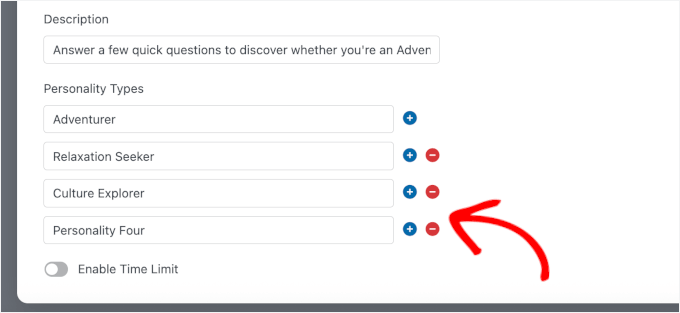 Knapparna för att lägga till och ta bort personlighetstyper Knapparna för att lägga till och ta bort personlighetstyper