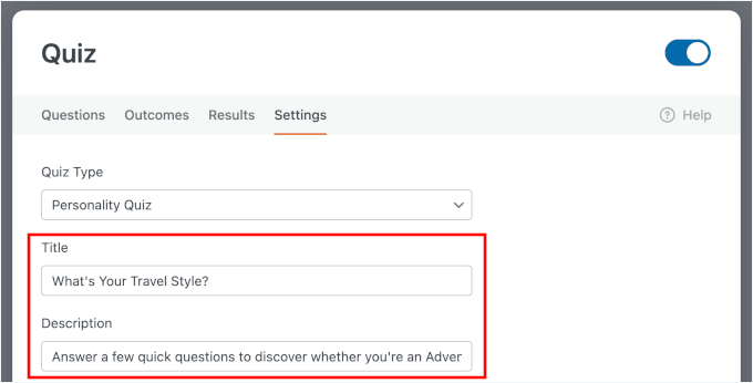 Lägga till titel och beskrivning för personlighetsfrågesport Lägga till titel och beskrivning för personlighetsfrågesport