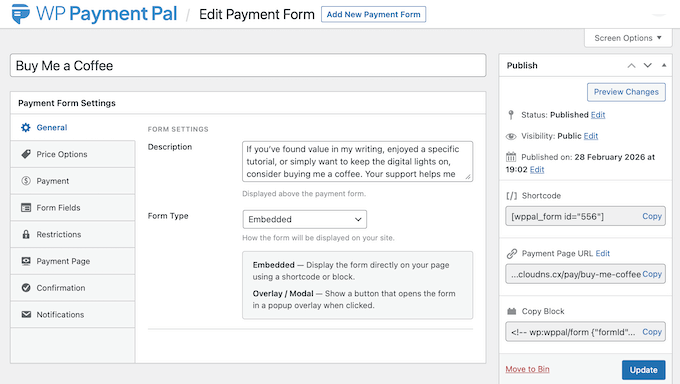 The WP Payment Pal user interface 
