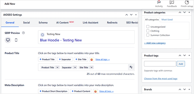 AIOSEO settings box in the WooCommerce product editor