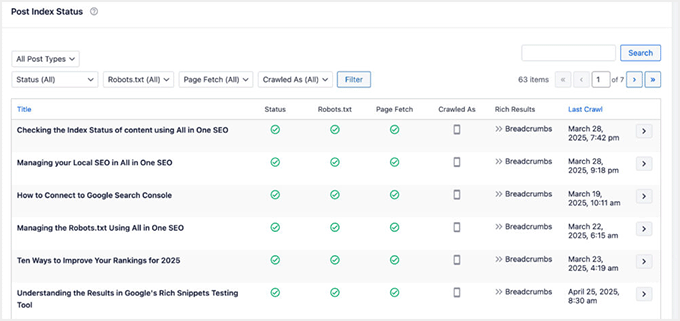 Check index status for posts in AIOSEO