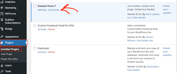 How to deactivate the Contact Form 7 WordPress plugin 