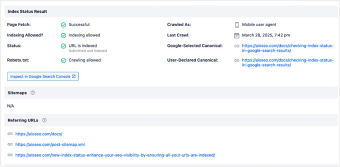 Expanded index page status in AIOSEO