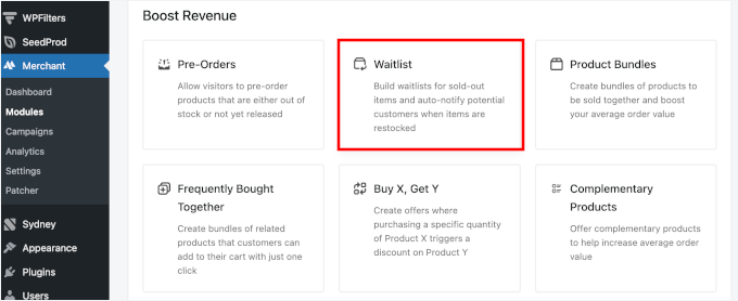 Die Option Warteliste im Abschnitt Boost Revenue Modul