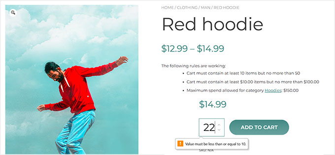 Previzualizare a cantității minime și maxime a unui produs stabilită cu YITH