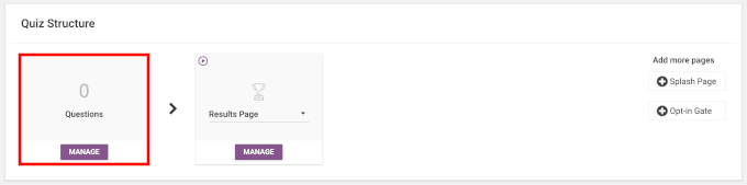 Clicking Manage in Quiz Structure's Questions