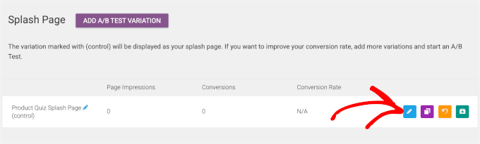 Click the pencil icon to edit the splash page