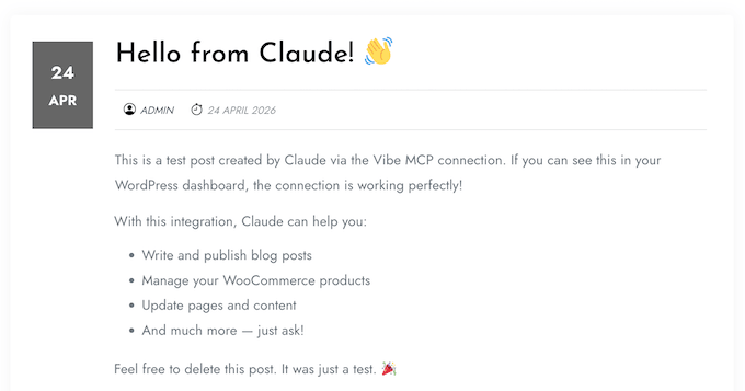 An example of a blog post, created using the WPVibe MCP server 