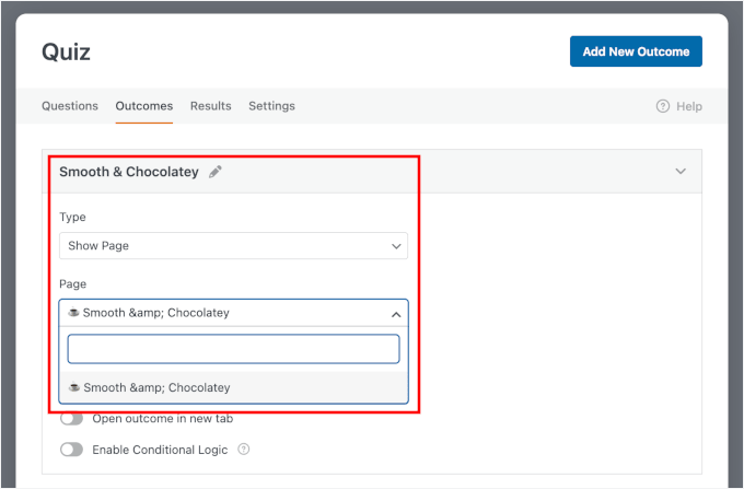 Choose Show Page for setting up outcomes