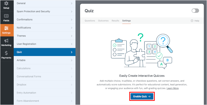 Enabling the Quiz Mode