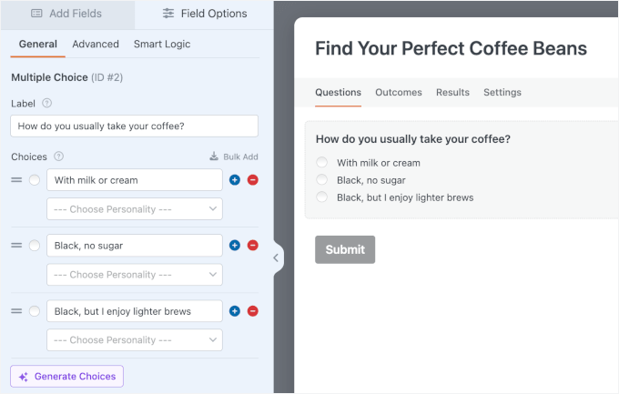Adding a multiple choice question