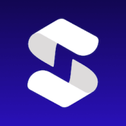 Abstract white, S-shaped logo on a blue gradient background, representing the brand.