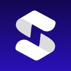 Abstract white, S-shaped logo on a blue gradient background, representing the brand.