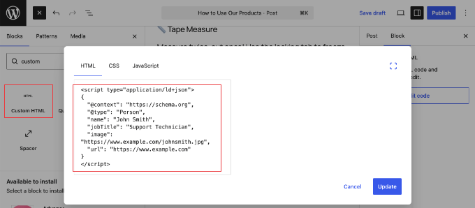 Dodawanie danych schema do posta za pomocą bloku niestandardowego HTML Dodawanie danych schema do posta za pomocą bloku niestandardowego HTML