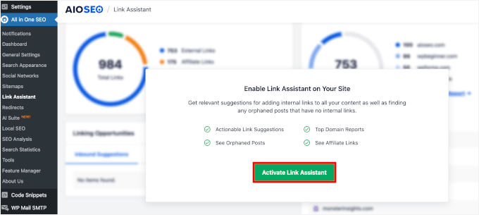 Activation de l'Assistant de liens dans AIOSEO