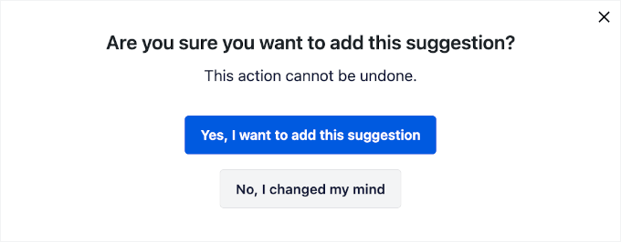 Confirmation de l'ajout de la suggestion