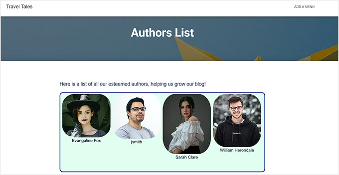 Preview of author list created with Author Avatars List/Block plugin