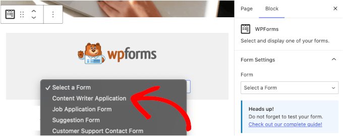 Selecting your form from the WPForms dropdown list Selecting your form from the WPForms dropdown list