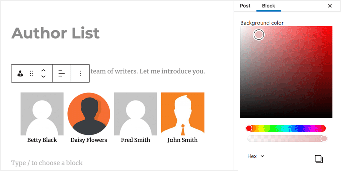 Change background color for authors list