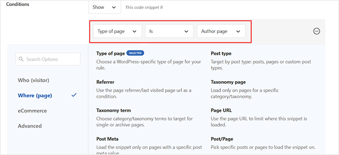 Configure conditional logic for authors list in WPCode
