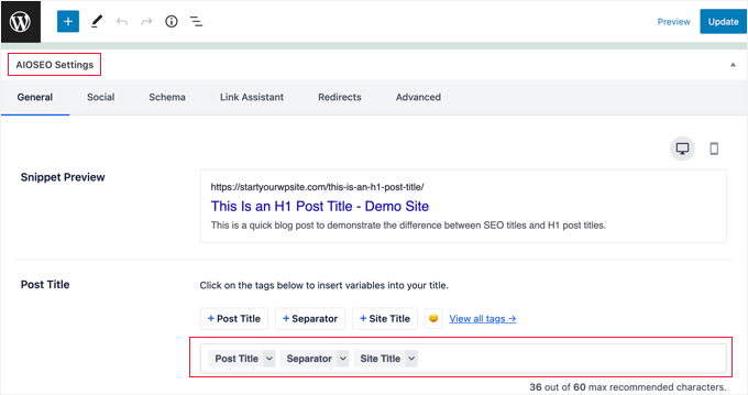 Titlul SEO implicit al All in One SEO