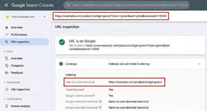 Screenshot of Google Search Console URL Inspection tool showing a parameterized URL with the canonical pointing to the clean URL version