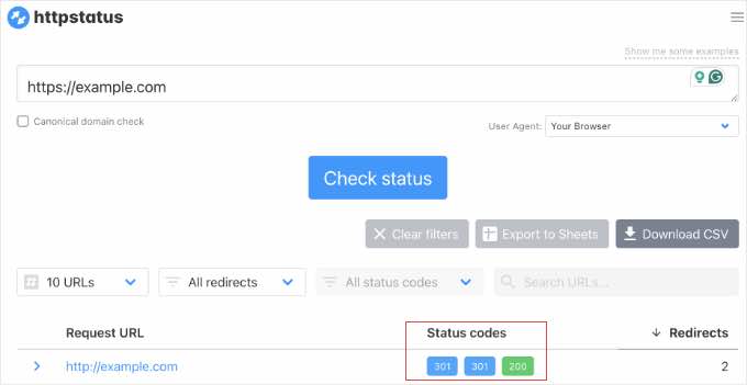 httpstatus.io mostrando el estado 301 para la URL del dominio antiguo que resuelve al nuevo dominio