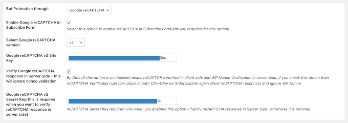 Eingabe von Google reCAPTCHA Schlüsseln