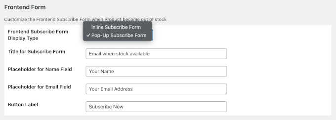 Frontend-Formulartypen im Instock Notifier