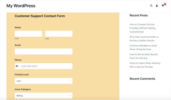 KI-generiertes Formular auf einer Live-WordPress-Website