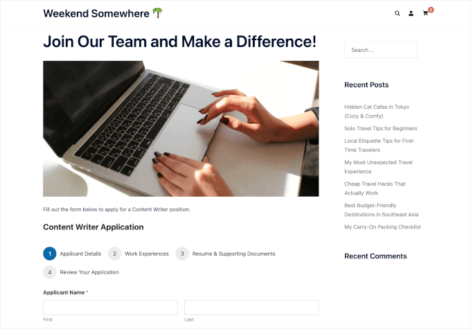 Job application form on a live WordPress site Job application form on a live WordPress site