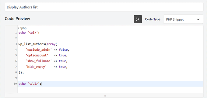 Paste the code to display the authors list in WPCode