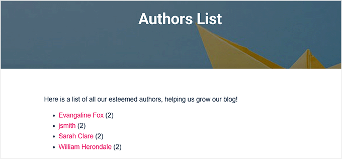 Preview of displaying authors list using WPCode