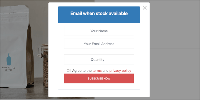 Popup-Formular für ausverkaufte Produkte