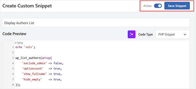 Save the code snippet for displaying author list in WPCode
