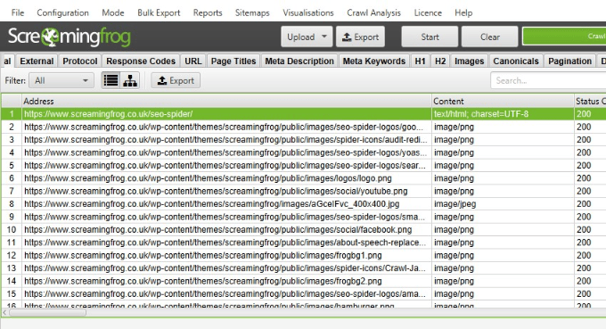 Screaming Frog mostrando una lista de URLs rastreadas