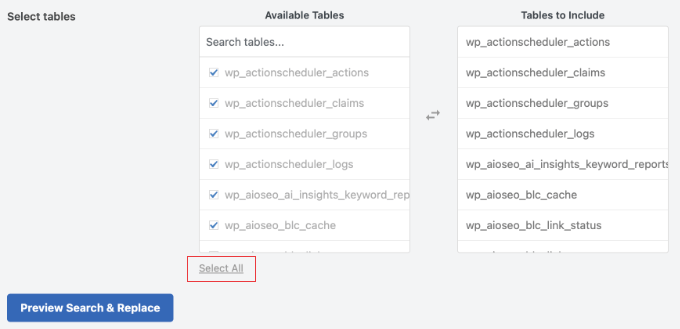 Resultados de la simulación de WP Search and Replace mostrando el recuento de filas afectadas