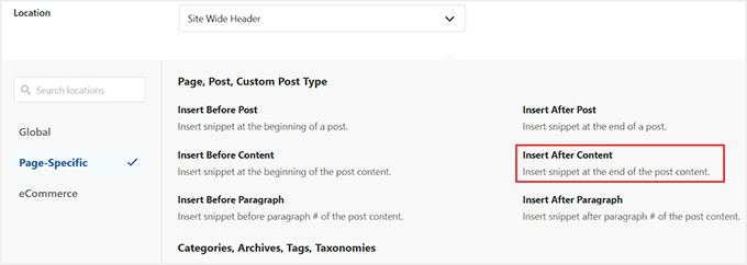 Select 'Insert After Content' as snippet location in WPCode