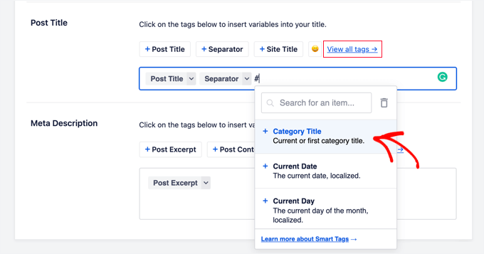 Adăugarea de etichete inteligente la titlul SEO implicit